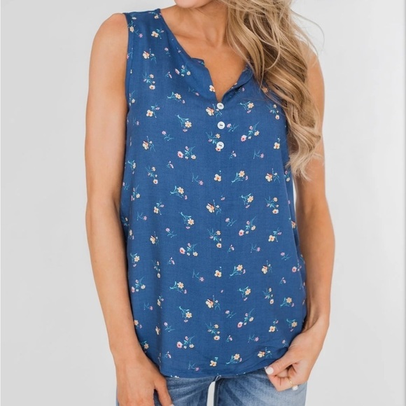 white birch Tops - Second Spring Floral Tank Top - Sapphire Blue Medium‎